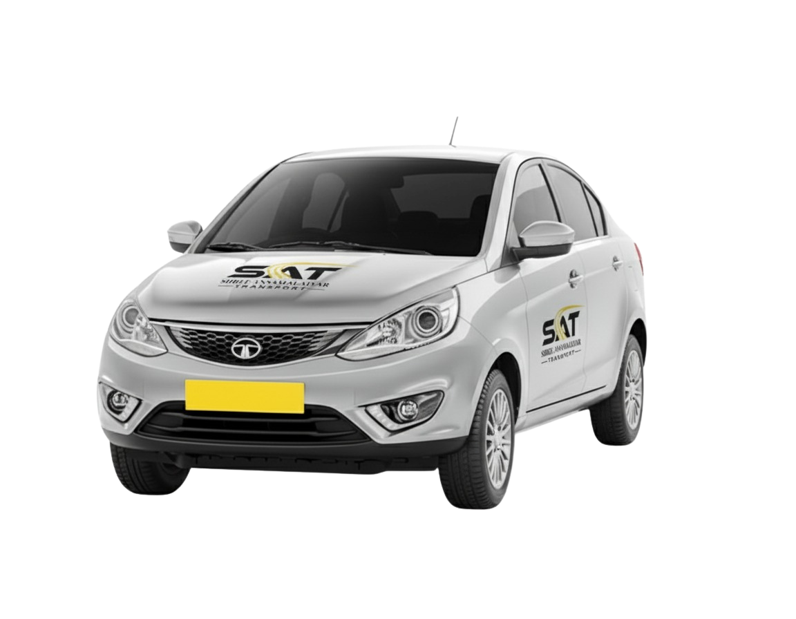 Silver Tata sedan SAT-branded car on black background, front three-quarter view