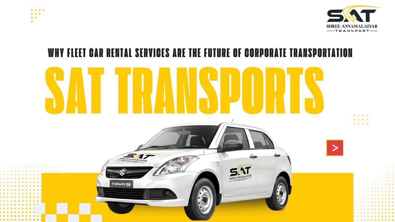 Promotional banner for SAT Transports featuring a branded white sedan and headline about fleet car rental services for corporate transportation.