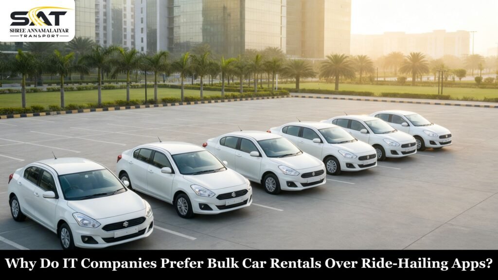 Row of white Maruti Suzuki Dzire fleet cars parked in an IT park parking lot representing bulk corporate car rental service.
