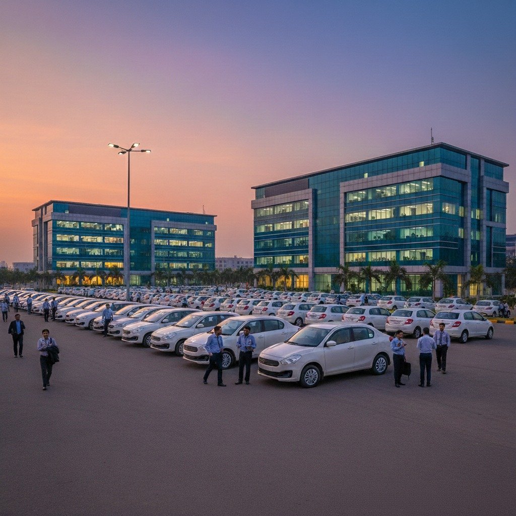 Large parking area filled with white cars outside modern office buildings at sunset, with employees standing nearby.