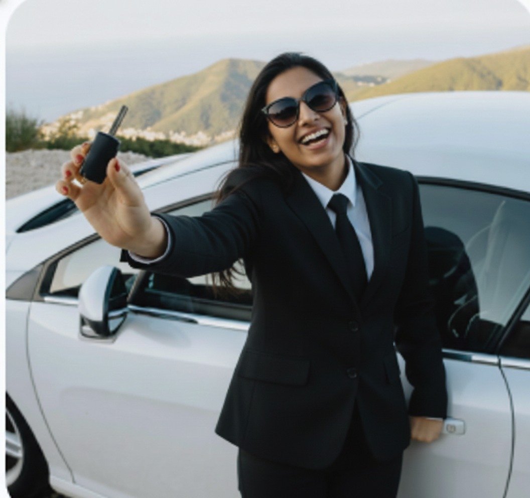 Businesswoman in a black suit and sunglasses holding out car keys beside a white vehicle outdoors.