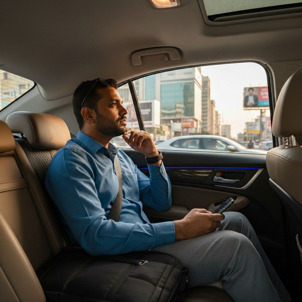 Businessman sitting in the back seat of a car, holding a smartphone and looking out the window at city traffic.