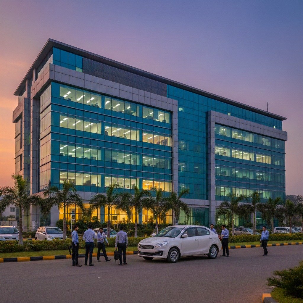Modern glass office building at dusk with employees standing near a white car outside.