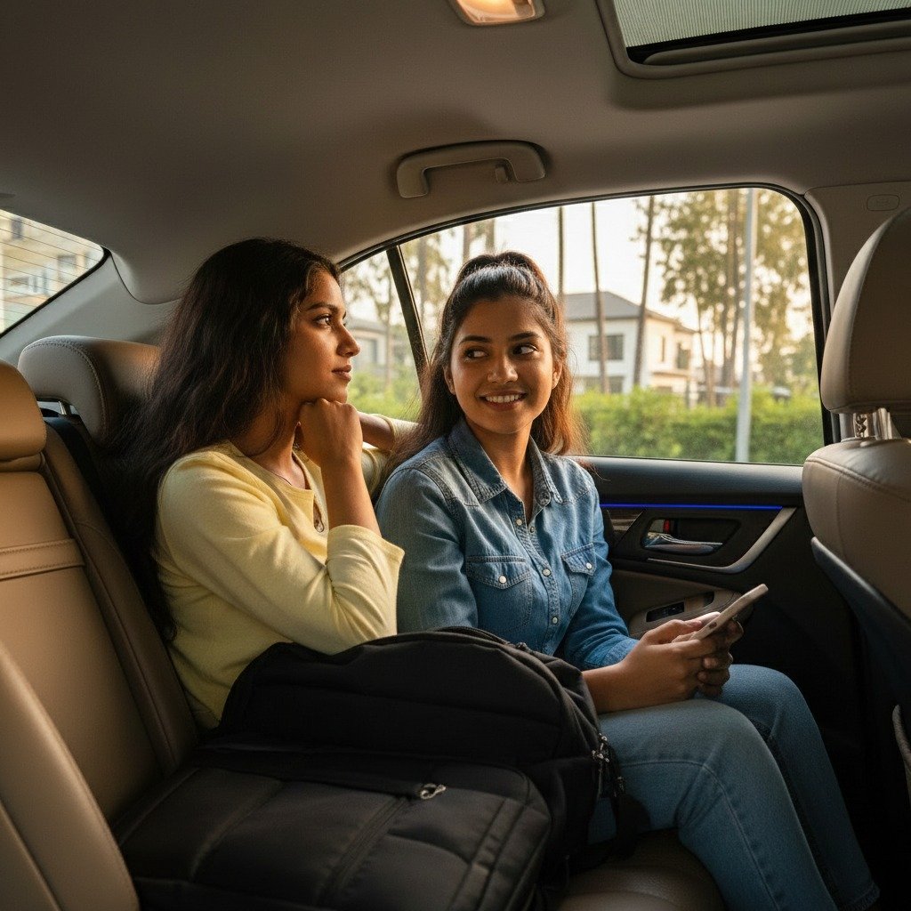 Two young women sitting in the back seat of a car, smiling and chatting during a ride through a residential area.