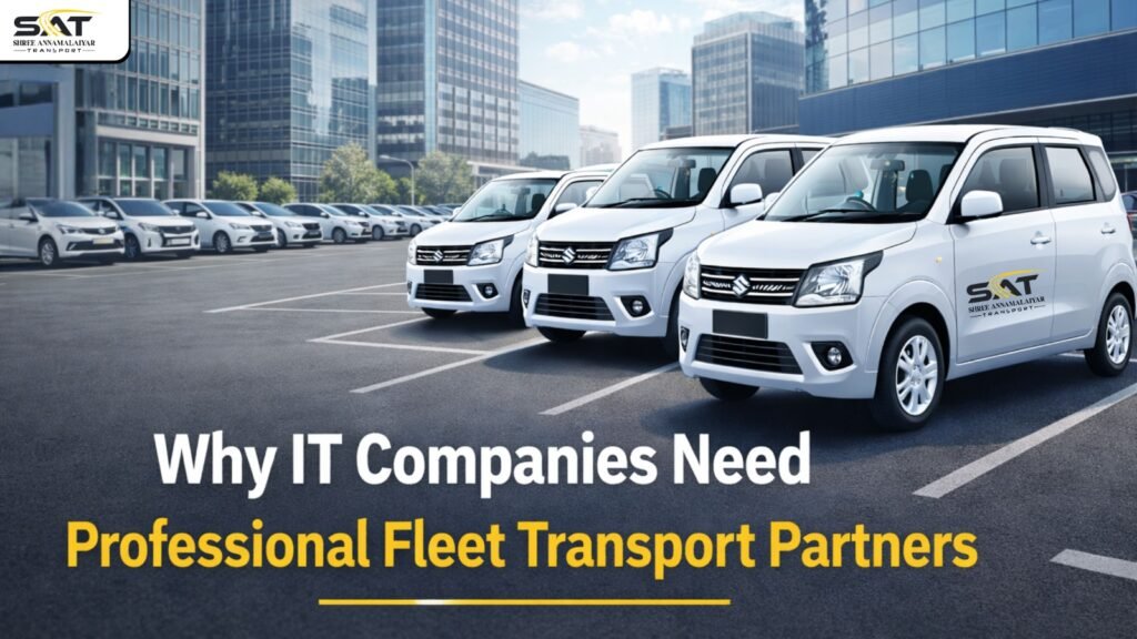 White fleet cars with SAT Shree Annamalaiyar Transport branding parked in a corporate city, promoting professional fleet transport services for IT companies.