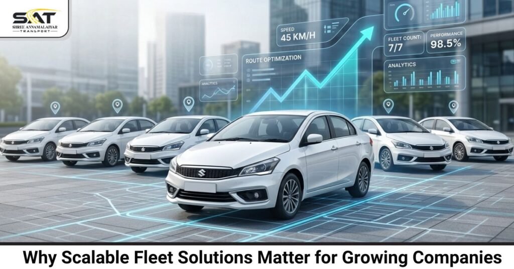 An illustration for 'Why Scalable Fleet Solutions Matter for Growing Companies' showing seven white Suzuki sedans in a corporate setting with a futuristic digital interface overlay that displays key performance and optimization data