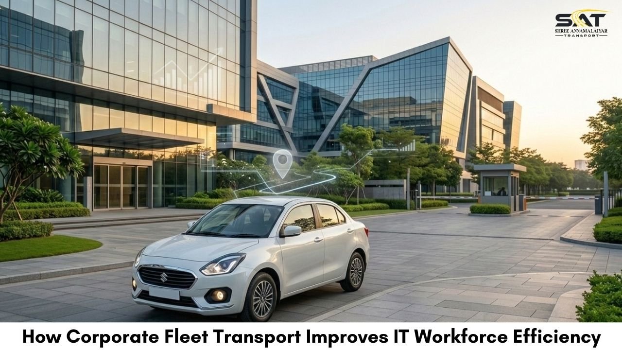 Corporate fleet transport car parked outside modern IT office building showcasing workforce mobility solution