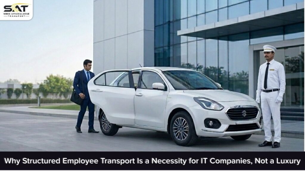 White Maruti Suzuki Swift Dzire fleet car with uniformed driver picking up IT employee outside modern corporate office building