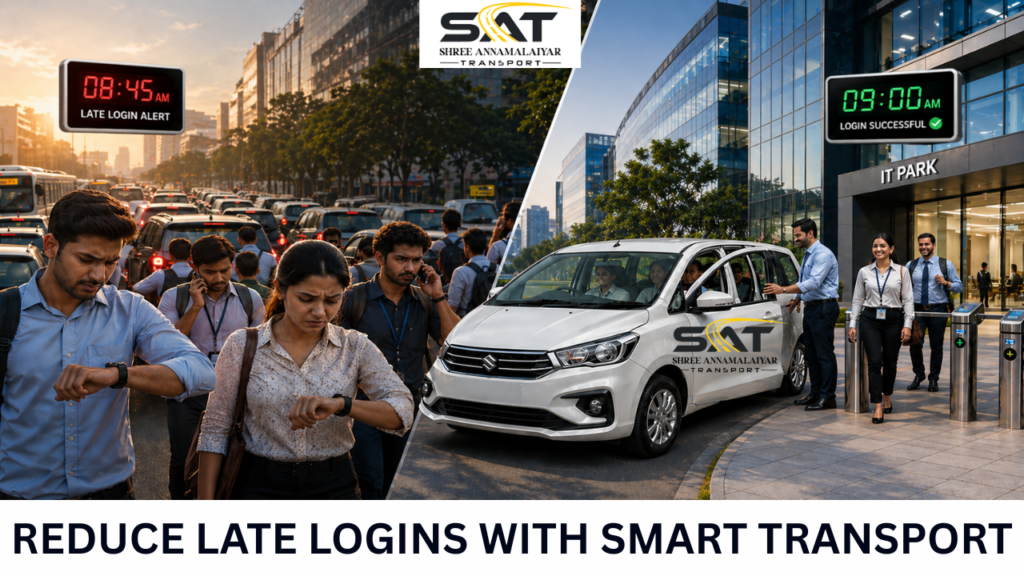 Employees facing traffic delays vs smooth corporate transport ensuring on-time office arrival and reduced late logins.