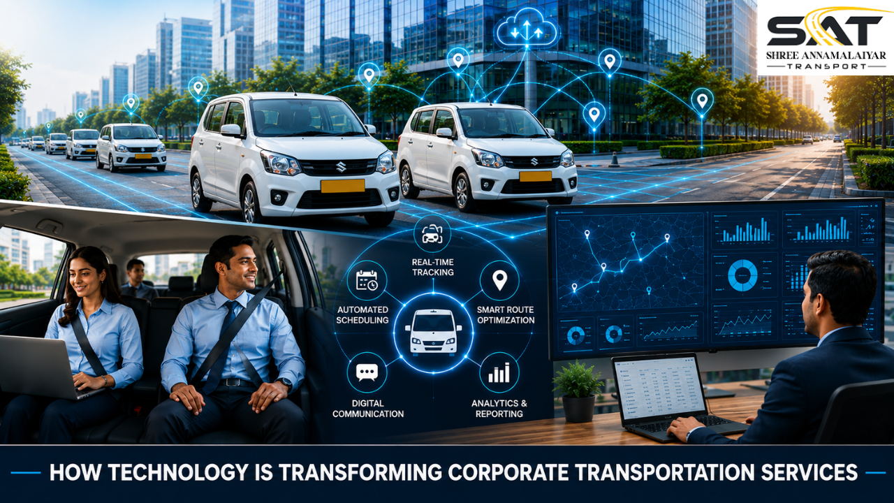 Technology driven corporate transportation with GPS tracking and smart fleet management.