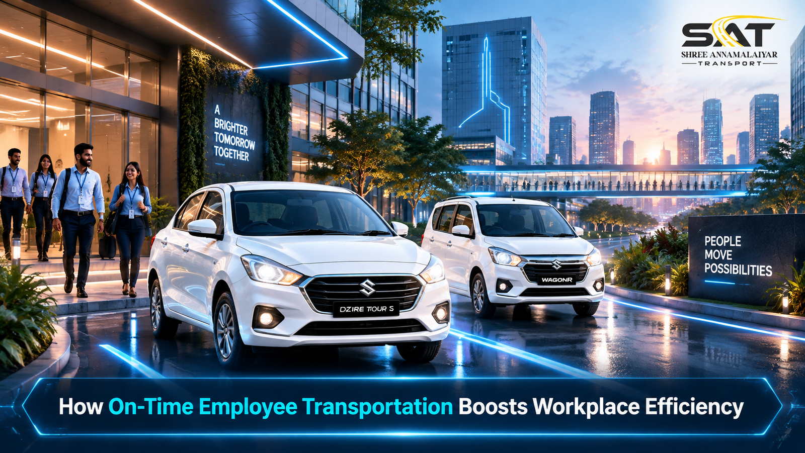 On-time employee transportation with white Maruti Dzire Tour S and WagonR for corporate employees in Chennai